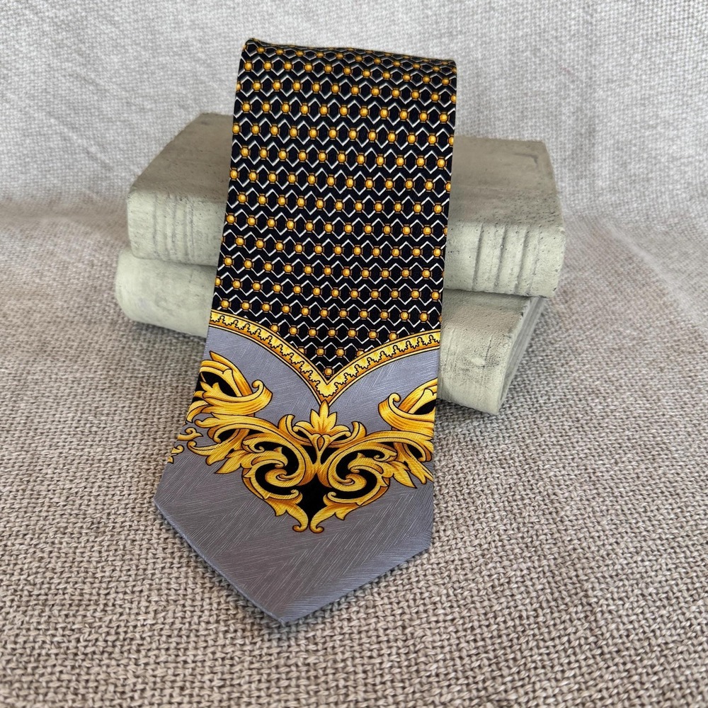 Vintage Gianni Versace 100% Silk Tie Barocco Scroll & Geometric‎ Honeycomb